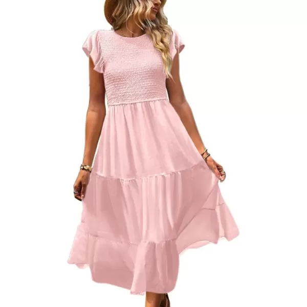 YESNO Women Summer Dresses Ruffle Cap Sleeve Casual Dress Boho Smocked Bodice Maxi Dress with Pockets E05Pink