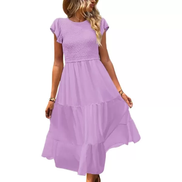 YESNO Women Summer Dresses Ruffle Cap Sleeve Casual Dress Boho Smocked Bodice Maxi Dress with Pockets E05Purple