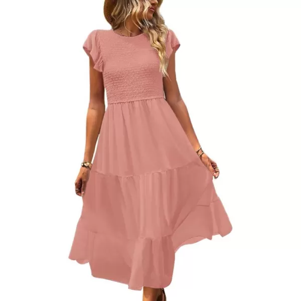 YESNO Women Summer Dresses Ruffle Cap Sleeve Casual Dress Boho Smocked Bodice Maxi Dress with Pockets E05Salmon