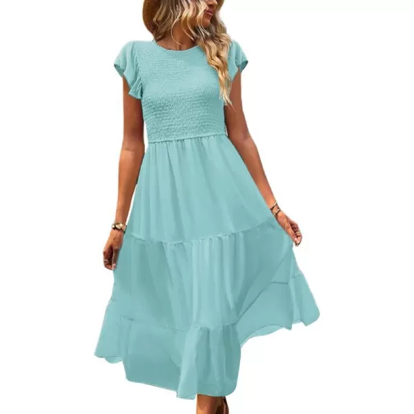 YESNO Women Summer Dresses Ruffle Cap Sleeve Casual Dress Boho Smocked Bodice Maxi Dress with Pockets E05Turquoise