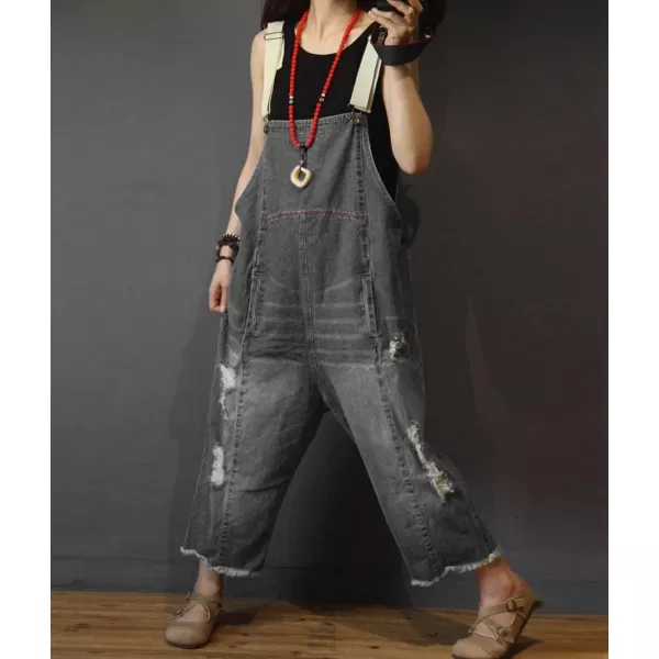 YESNO P60 Women Jeans Cropped Pants Overalls Jumpsuits Hand Painted Poled Distressed Casual Loose FitGreyblack