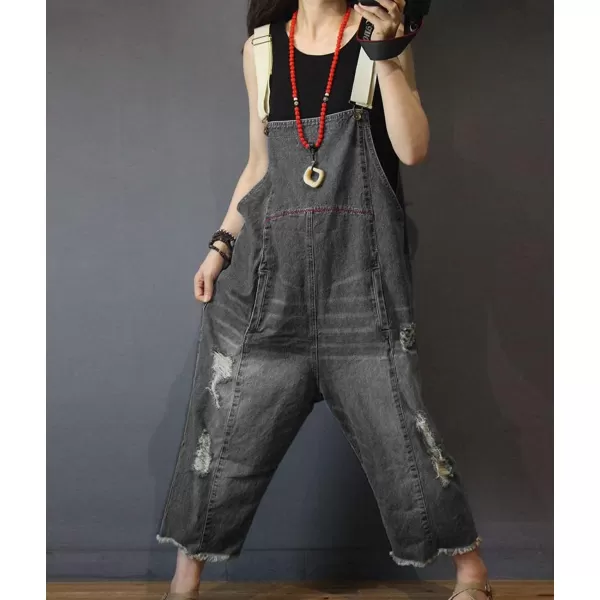 YESNO P60 Women Jeans Cropped Pants Overalls Jumpsuits Hand Painted Poled Distressed Casual Loose FitGreyblack