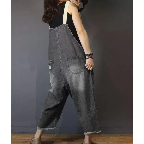 YESNO P60 Women Jeans Cropped Pants Overalls Jumpsuits Hand Painted Poled Distressed Casual Loose FitGreyblack