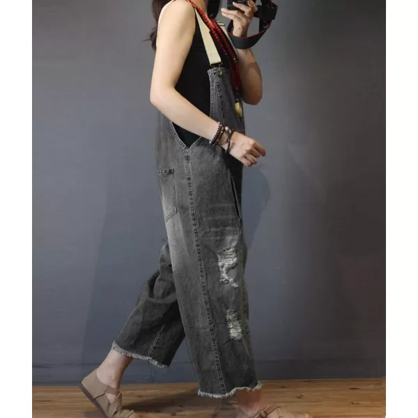 YESNO P60 Women Jeans Cropped Pants Overalls Jumpsuits Hand Painted Poled Distressed Casual Loose FitGreyblack