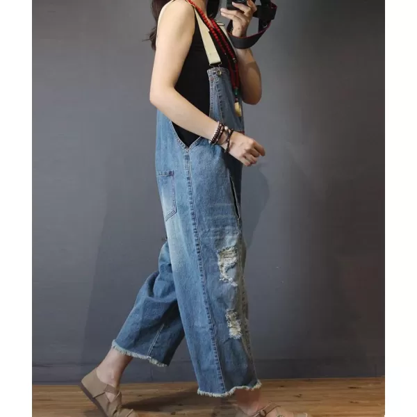 YESNO P60 Women Jeans Cropped Pants Overalls Jumpsuits Hand Painted Poled Distressed Casual Loose FitP49 Blue Jumpsuits