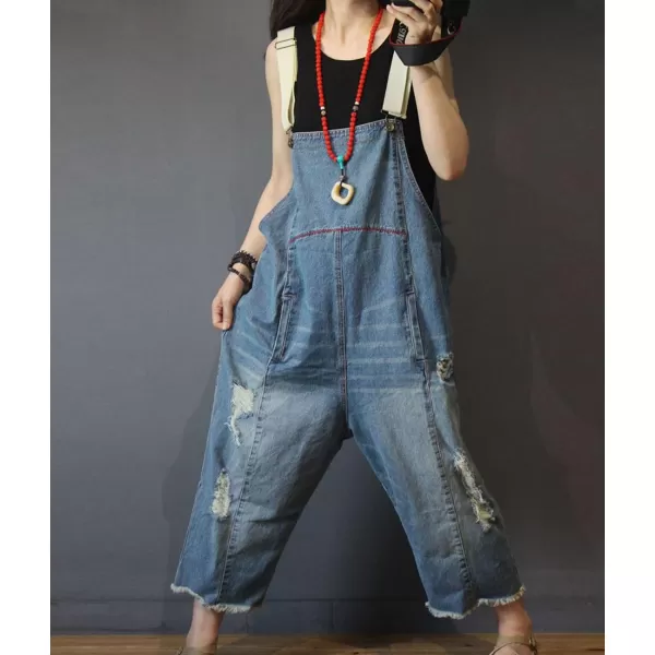 YESNO P60 Women Jeans Cropped Pants Overalls Jumpsuits Hand Painted Poled Distressed Casual Loose FitP49 Blue Jumpsuits