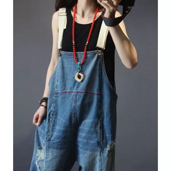 YESNO P60 Women Jeans Cropped Pants Overalls Jumpsuits Hand Painted Poled Distressed Casual Loose FitP49 Blue Jumpsuits