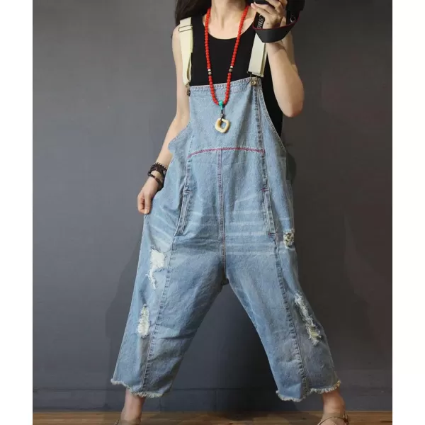 YESNO P60 Women Jeans Cropped Pants Overalls Jumpsuits Hand Painted Poled Distressed Casual Loose FitP49 Light Blue Jumpsuits