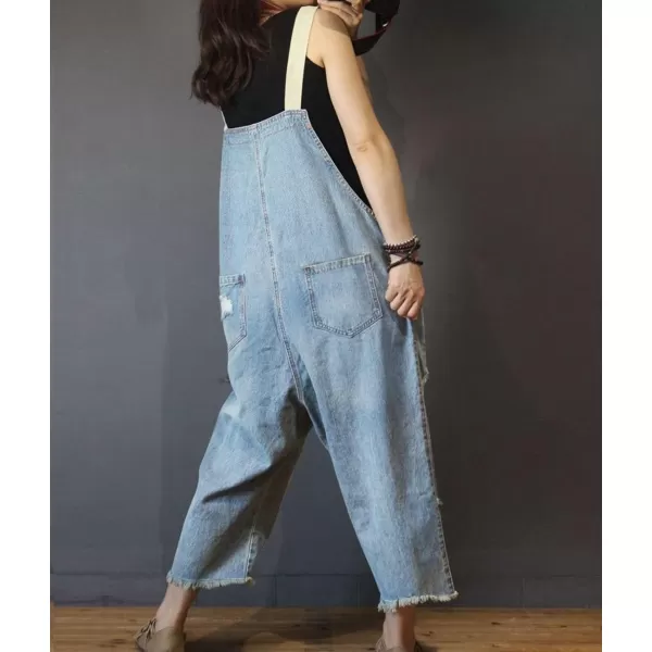 YESNO P60 Women Jeans Cropped Pants Overalls Jumpsuits Hand Painted Poled Distressed Casual Loose FitP49 Light Blue Jumpsuits