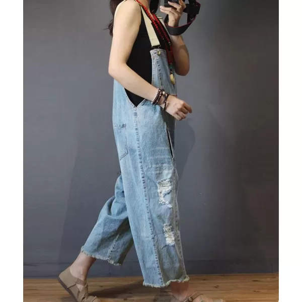 YESNO P60 Women Jeans Cropped Pants Overalls Jumpsuits Hand Painted Poled Distressed Casual Loose FitP49 Light Blue Jumpsuits