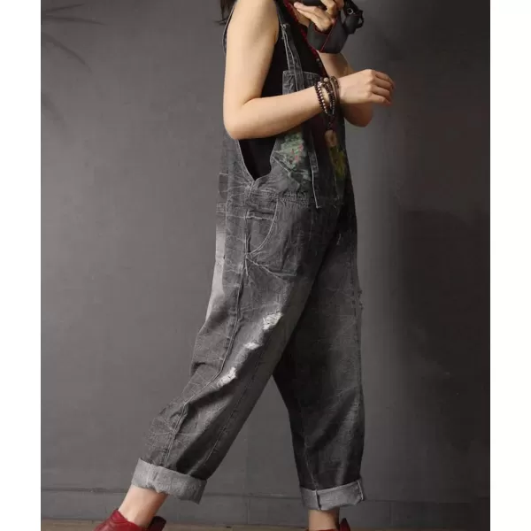 YESNO P60 Women Jeans Cropped Pants Overalls Jumpsuits Hand Painted Poled Distressed Casual Loose FitP60 Black Jumpsuits