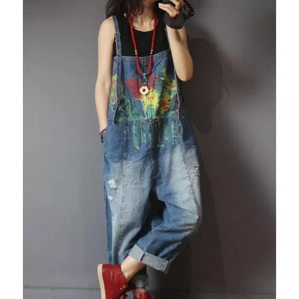 YESNO P60 Women Jeans Cropped Pants Overalls Jumpsuits Hand Painted Poled Distressed Casual Loose FitP60 Denim Blue Jumpsuits