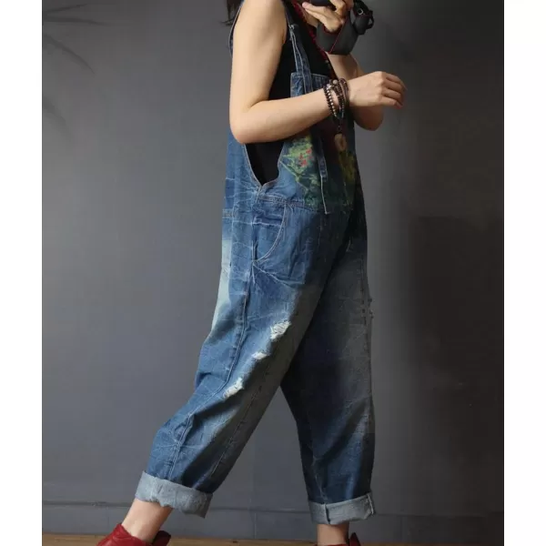 YESNO P60 Women Jeans Cropped Pants Overalls Jumpsuits Hand Painted Poled Distressed Casual Loose FitP60 Denim Blue Jumpsuits