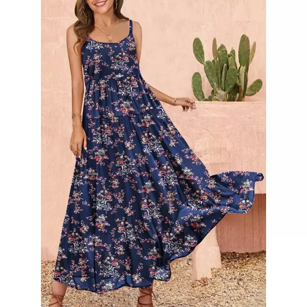 YESNO Summer Dresses for Women Casual Loose Bohemian Floral Dress with Pockets Spaghetti Strap Maxi Dress E75As Picture30navy Blue