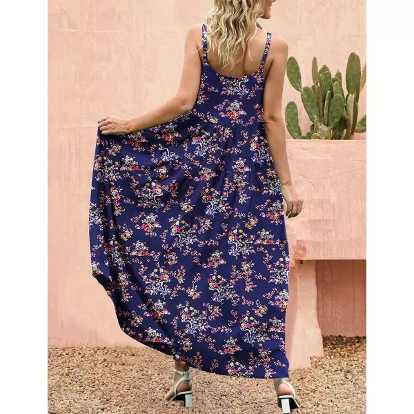 YESNO Summer Dresses for Women Casual Loose Bohemian Floral Dress with Pockets Spaghetti Strap Maxi Dress E75As Picture30navy Blue