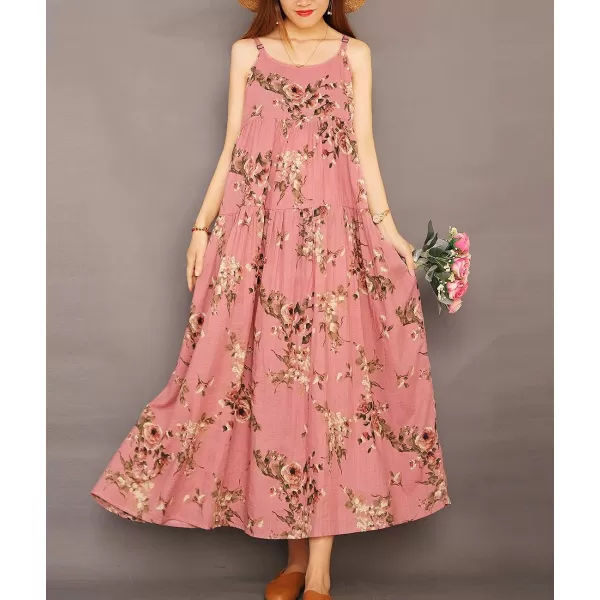 YESNO Summer Dresses for Women Casual Loose Bohemian Floral Dress with Pockets Spaghetti Strap Maxi Dress E75As Picture35pink