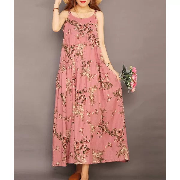 YESNO Summer Dresses for Women Casual Loose Bohemian Floral Dress with Pockets Spaghetti Strap Maxi Dress E75As Picture35pink