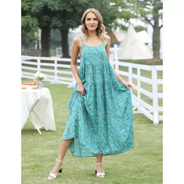 YESNO Summer Dresses for Women Casual Loose Bohemian Floral Dress with Pockets Spaghetti Strap Maxi Dress E75As Picture85acid Blue