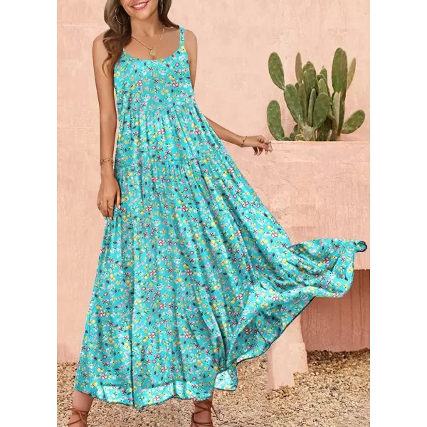 YESNO Summer Dresses for Women Casual Loose Bohemian Floral Dress with Pockets Spaghetti Strap Maxi Dress E75As Picture85acid Blue