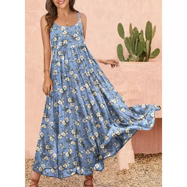 YESNO Summer Dresses for Women Casual Loose Bohemian Floral Dress with Pockets Spaghetti Strap Maxi Dress E75As Picture8light Blue