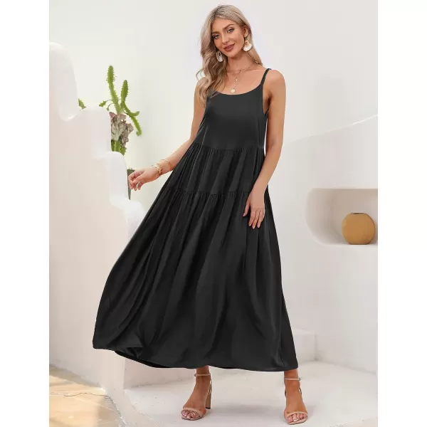 YESNO Summer Dresses for Women Casual Loose Bohemian Floral Dress with Pockets Spaghetti Strap Maxi Dress E75Black R