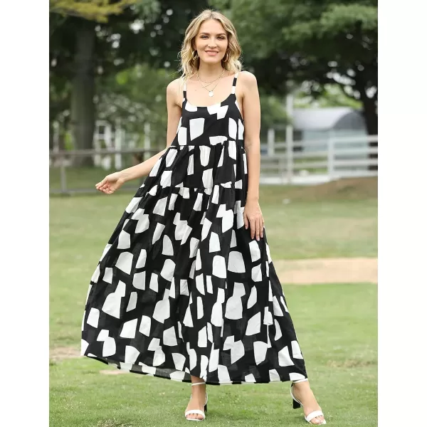 YESNO Summer Dresses for Women Casual Loose Bohemian Floral Dress with Pockets Spaghetti Strap Maxi Dress E75BlackWhite