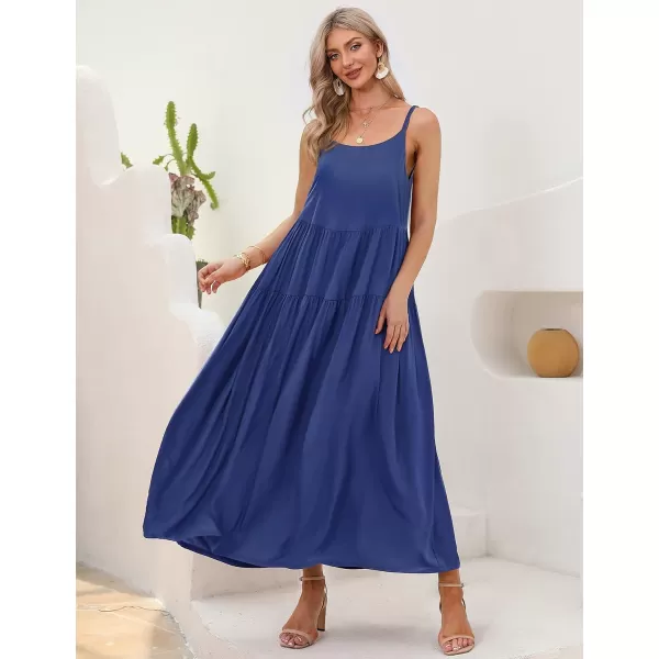 YESNO Summer Dresses for Women Casual Loose Bohemian Floral Dress with Pockets Spaghetti Strap Maxi Dress E75Blue