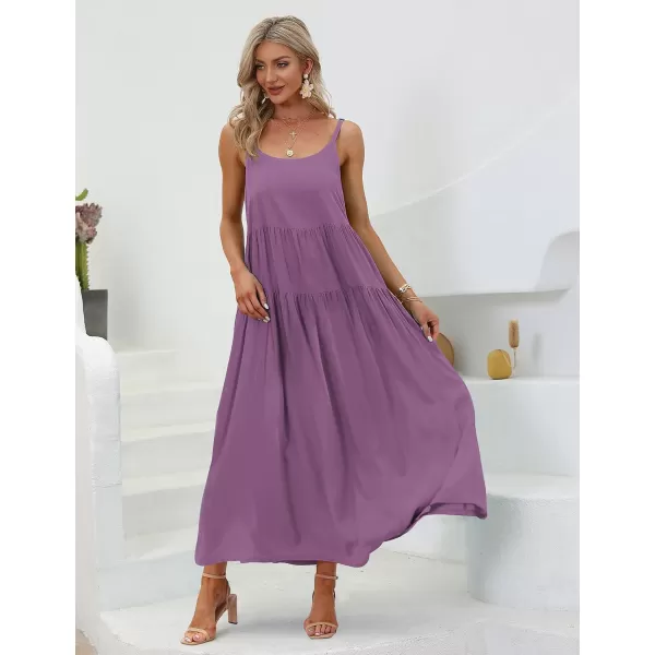 YESNO Summer Dresses for Women Casual Loose Bohemian Floral Dress with Pockets Spaghetti Strap Maxi Dress E75Purple