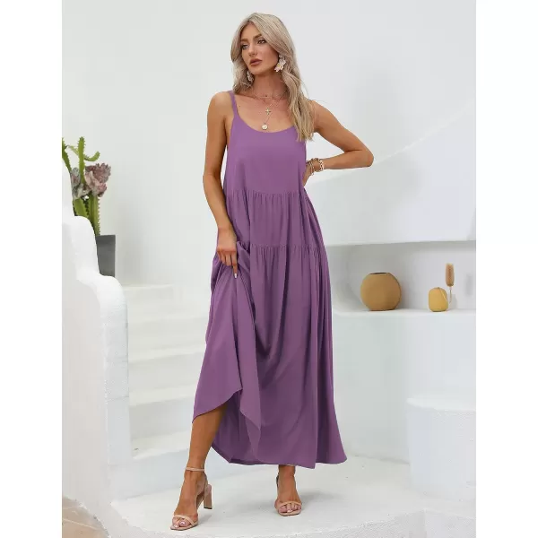 YESNO Summer Dresses for Women Casual Loose Bohemian Floral Dress with Pockets Spaghetti Strap Maxi Dress E75Purple