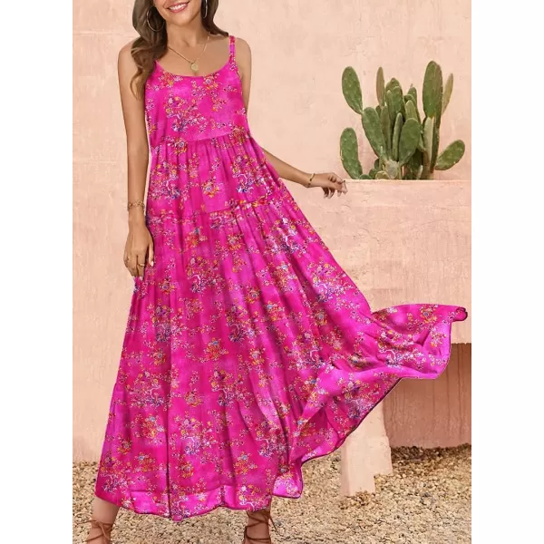 YESNO Summer Dresses for Women Casual Loose Bohemian Floral Dress with Pockets Spaghetti Strap Maxi Dress E75Rose