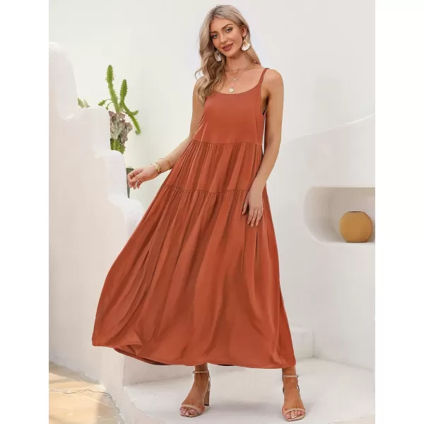 YESNO Summer Dresses for Women Casual Loose Bohemian Floral Dress with Pockets Spaghetti Strap Maxi Dress E75Rust