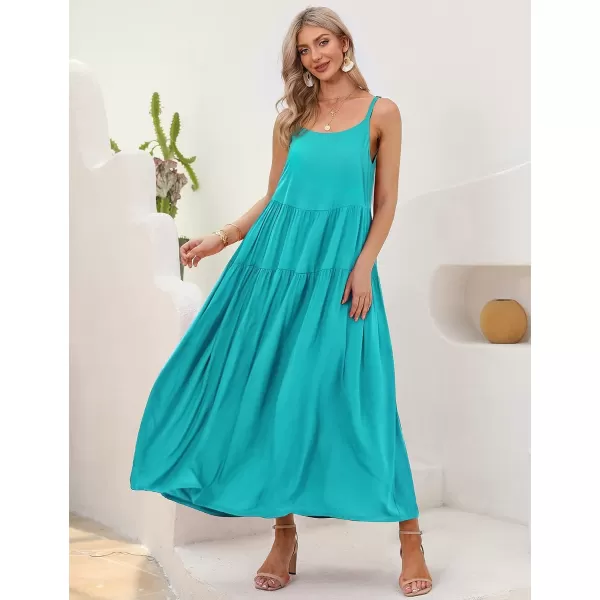 YESNO Summer Dresses for Women Casual Loose Bohemian Floral Dress with Pockets Spaghetti Strap Maxi Dress E75Teal