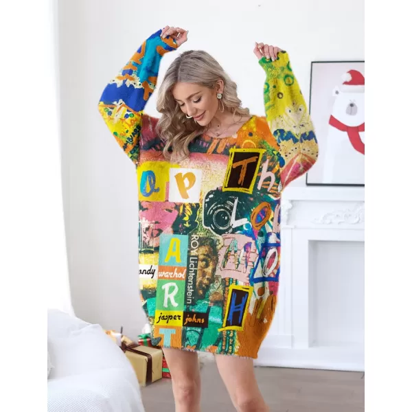 YESNO Sweater Dress for Women Oversized Graphic Lantern Long Sleeve Pullover Sweater Tops S08S08 Cr102