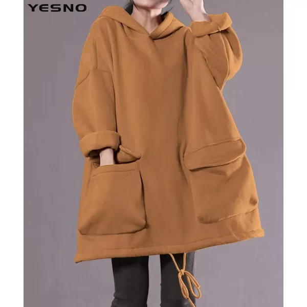 YESNO WZF Women Casual Fleece Pullover Hoodies Plus Size Active JacketLarge PocketsWml Camelfleeced