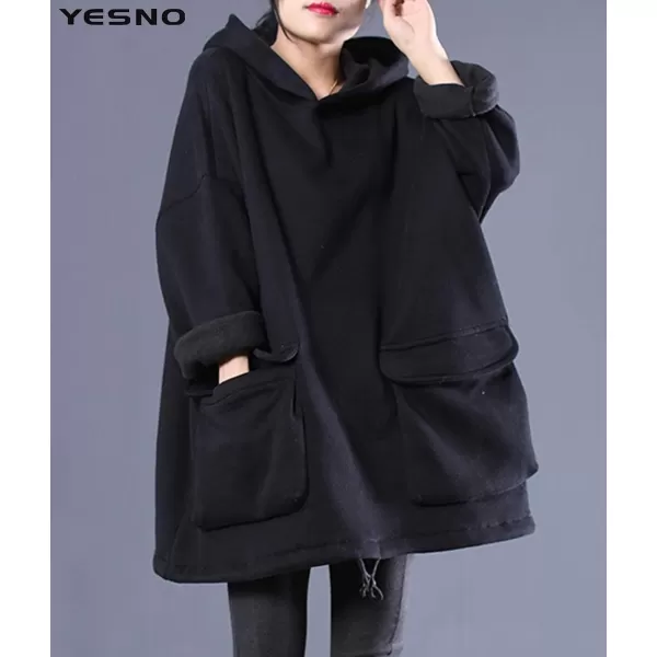 YESNO WZF Women Casual Fleece Pullover Hoodies Plus Size Active JacketLarge PocketsWzf Blackfleeced