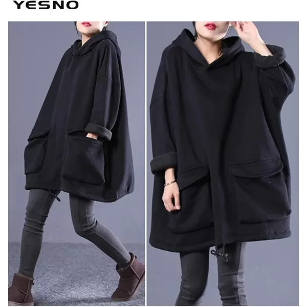 YESNO WZF Women Casual Fleece Pullover Hoodies Plus Size Active JacketLarge PocketsWzf Blackfleeced