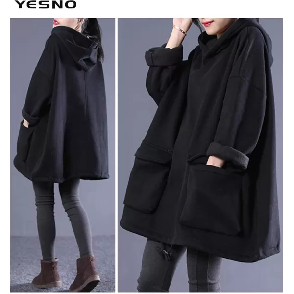 YESNO WZF Women Casual Fleece Pullover Hoodies Plus Size Active JacketLarge PocketsWzf Blackfleeced