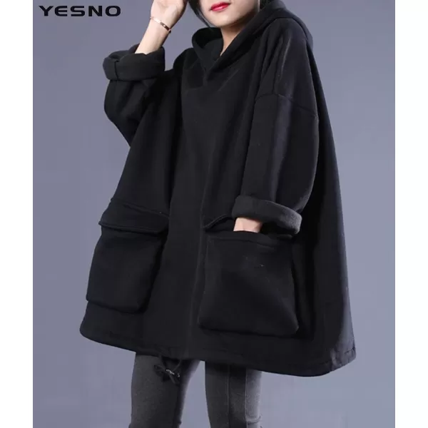 YESNO WZF Women Casual Fleece Pullover Hoodies Plus Size Active JacketLarge PocketsWzf Blackfleeced