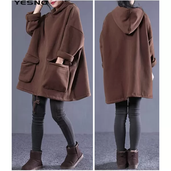 YESNO WZF Women Casual Fleece Pullover Hoodies Plus Size Active JacketLarge PocketsWzf Coffeefleeced