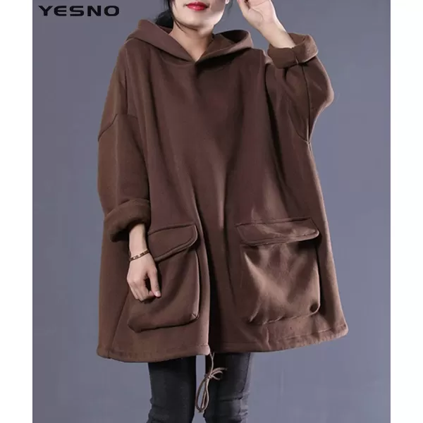 YESNO WZF Women Casual Fleece Pullover Hoodies Plus Size Active JacketLarge PocketsWzf Coffeefleeced