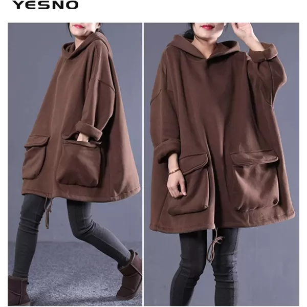 YESNO WZF Women Casual Fleece Pullover Hoodies Plus Size Active JacketLarge PocketsWzf Coffeefleeced