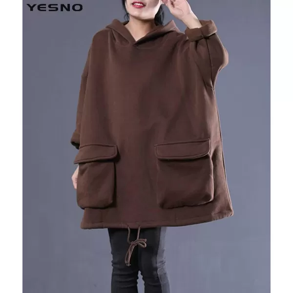 YESNO WZF Women Casual Fleece Pullover Hoodies Plus Size Active JacketLarge PocketsWzf Coffeefleeced