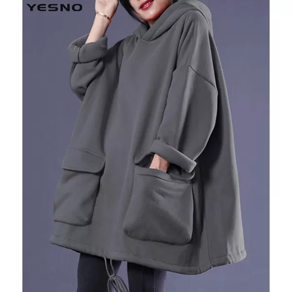 YESNO WZF Women Casual Fleece Pullover Hoodies Plus Size Active JacketLarge PocketsWzf Grayfleeced