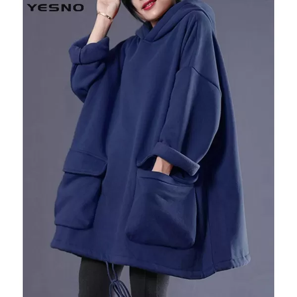 YESNO WZF Women Casual Fleece Pullover Hoodies Plus Size Active JacketLarge PocketsWzf Navy Bluefleeced