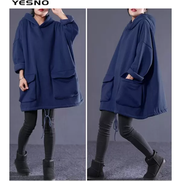 YESNO WZF Women Casual Fleece Pullover Hoodies Plus Size Active JacketLarge PocketsWzf Navy Bluefleeced