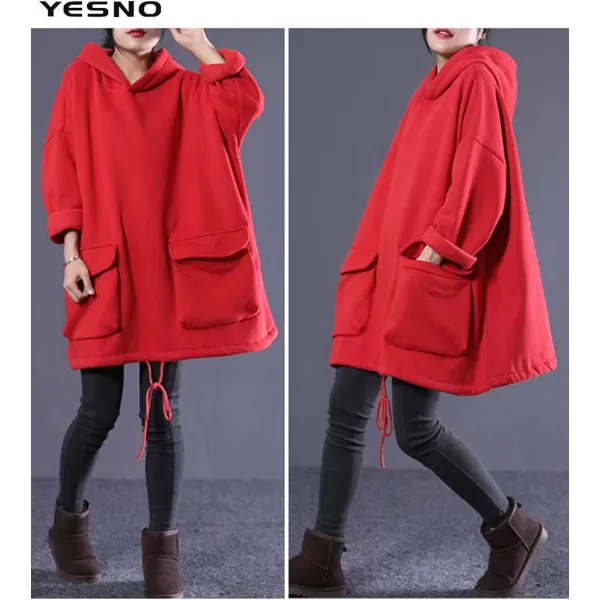 YESNO WZF Women Casual Fleece Pullover Hoodies Plus Size Active JacketLarge PocketsWzf Redfleeced