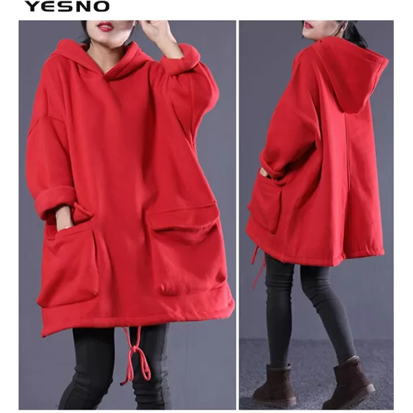 YESNO WZF Women Casual Fleece Pullover Hoodies Plus Size Active JacketLarge PocketsWzf Redfleeced