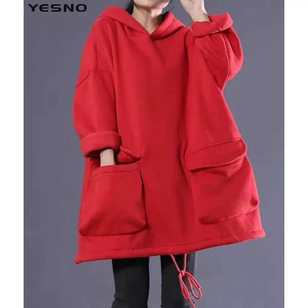 YESNO WZF Women Casual Fleece Pullover Hoodies Plus Size Active JacketLarge PocketsWzf Redfleeced