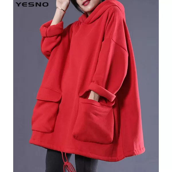 YESNO WZF Women Casual Fleece Pullover Hoodies Plus Size Active JacketLarge PocketsWzf Redfleeced