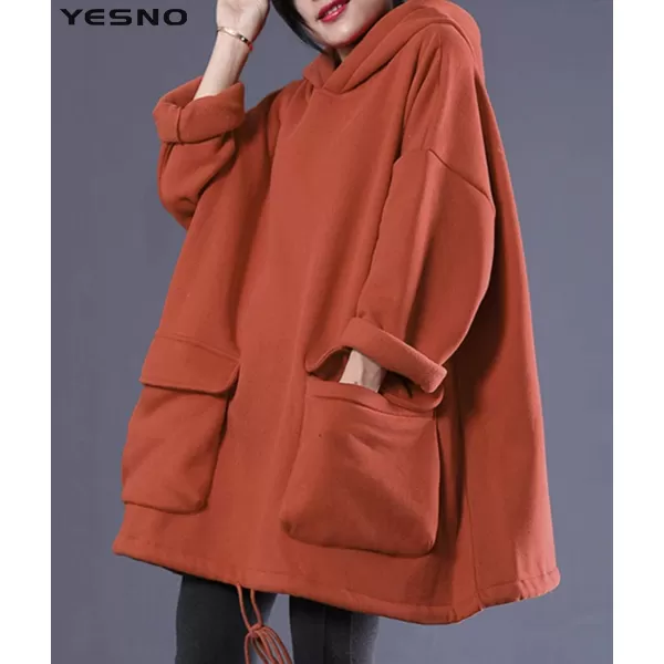 YESNO WZF Women Casual Fleece Pullover Hoodies Plus Size Active JacketLarge PocketsWzf Rustfleeced